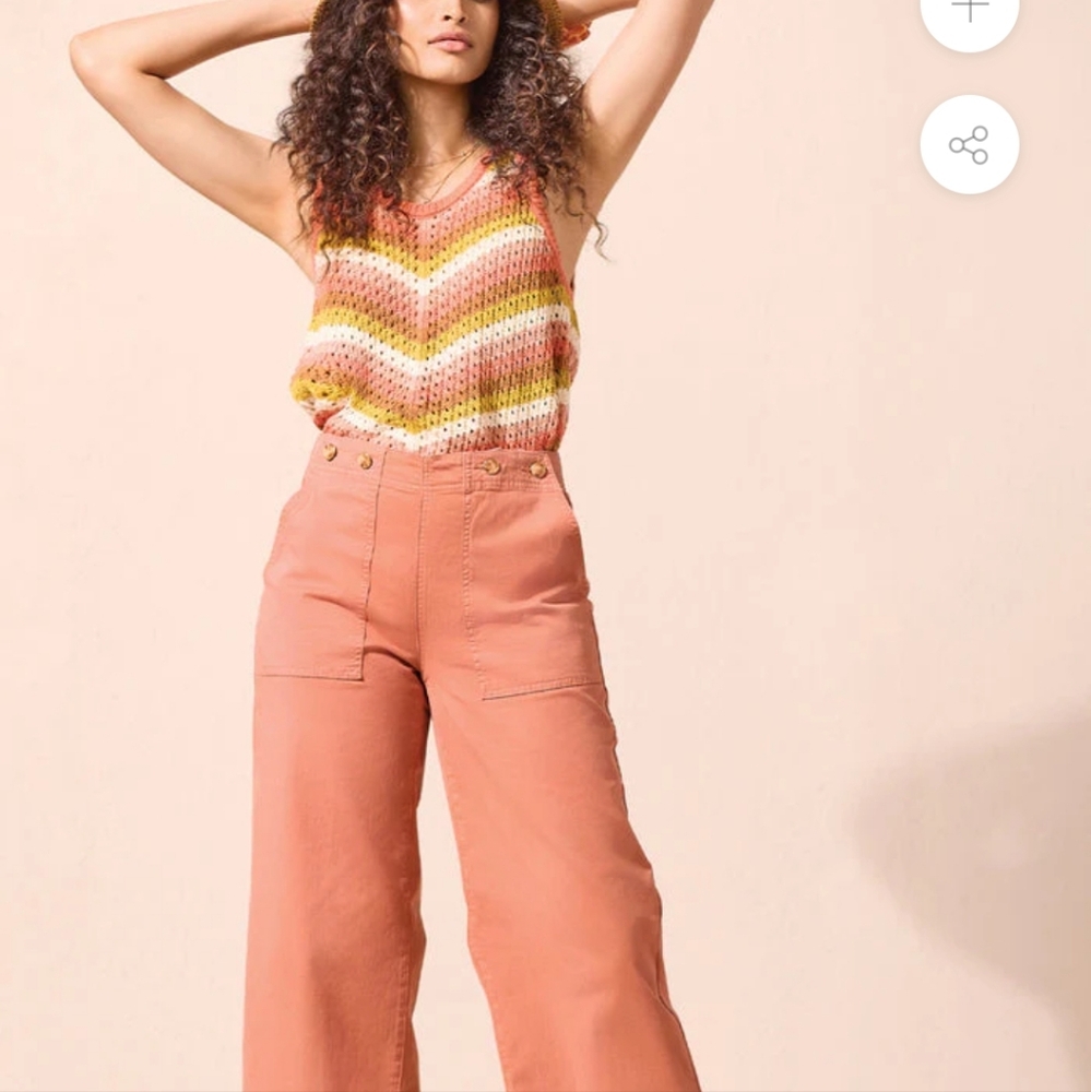 TRIBAL JEANS Crochet Orange Brown & Yellow Striped Tank Top Medium Festival Boho